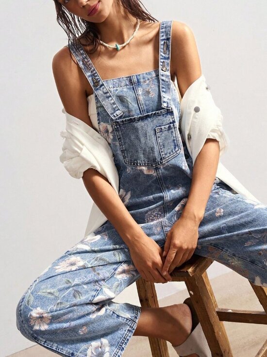 Pants - Blue Casual Women's Loose Fit Bib Pants